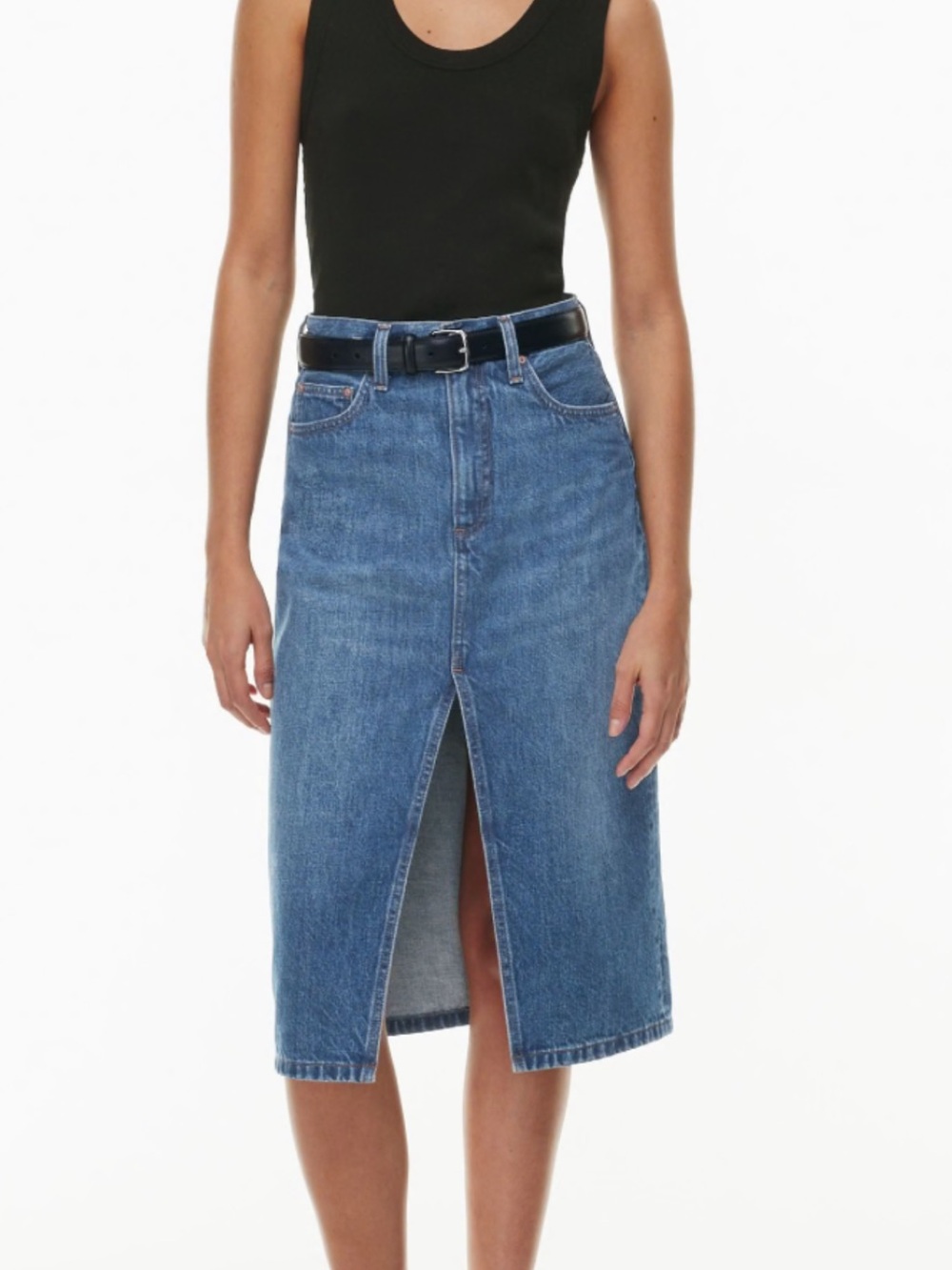 Denim Forum Halle 90s High-Waist Midi Denim Skirt in Medium Blue